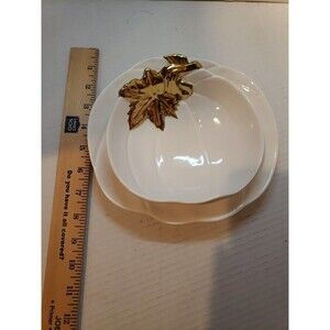 New White Pumpkin Bowl & Plate Gold Stem Thanksgiving Serving Home Decor